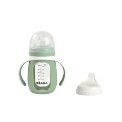Beaba 2-in-1 Learning Glass Bottle With Silicone Cover Sage Green