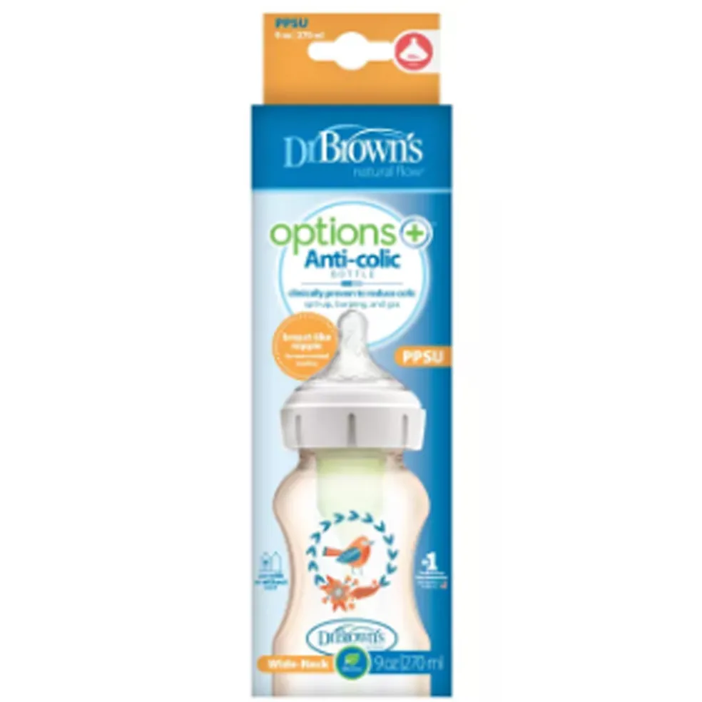 Dr Brown's Options+ PPSU Wide Neck Baby Feeding Bottle with Deco (1-pack) 9oz/270ml