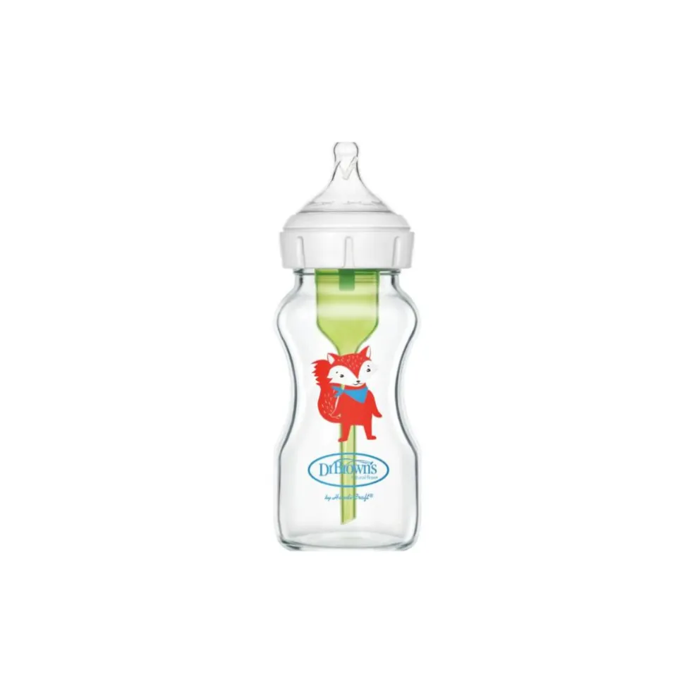 Dr Brown’s Options+ Wide Neck Glass Bottle, Cartoon Fox, 270 ml, 1-Pack