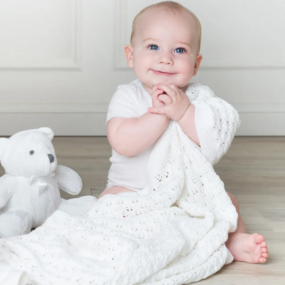 Living Textiles 100% Cotton Lattice Knit Baby Blanket - Pure White