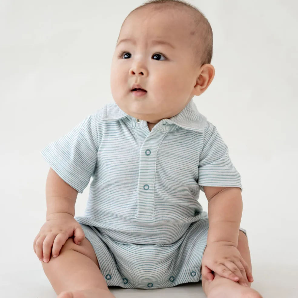 Motherswork x Le Petit Society Baby Boy Organic Polo Romper in Blue Stripes