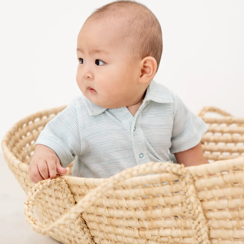 Motherswork x Le Petit Society Baby Boy Organic Polo Romper in Blue Stripes