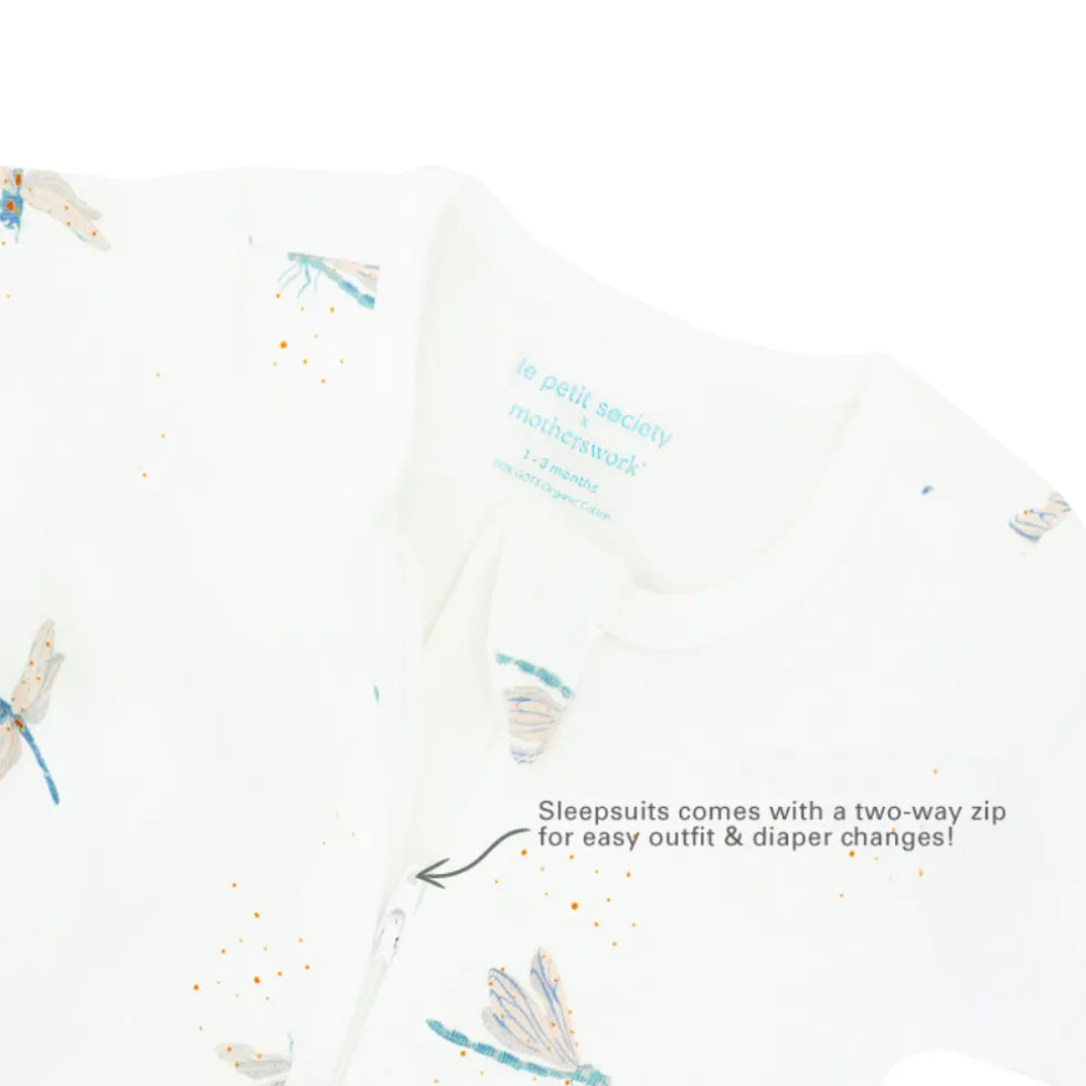 Motherswork x Le Petit Society Baby Organic Zip Sleepsuit in Dragonfly Print