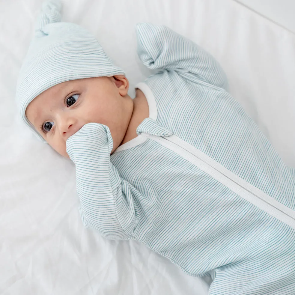 Motherswork x Le Petit Society Baby Organic Zip Sleepsuit in Blue Stripes